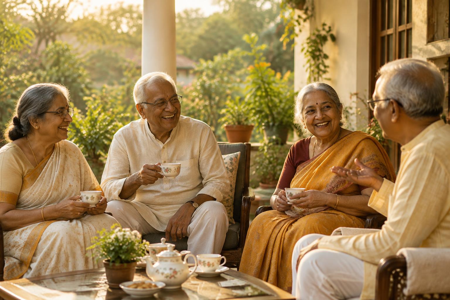 A group of seniors sharing tea and conversation on a veranda